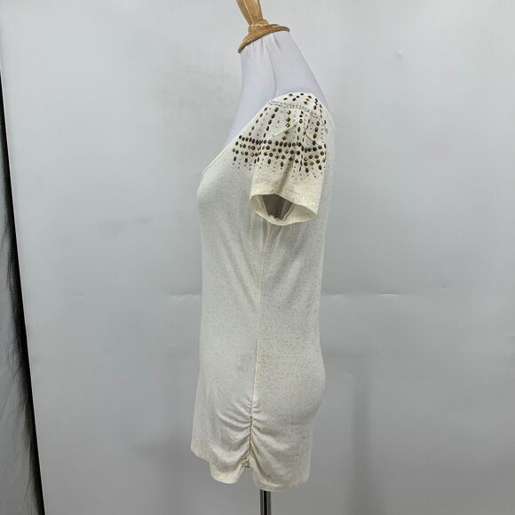 Cache Blouse Women S Small Ivory Gold Studded Embellished Scoop Neck Ruched Side - Picture 4 of 11